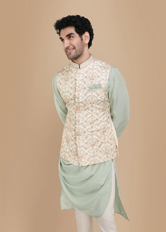 Manyavar Men Lavish Cream Kurta Jacket Set