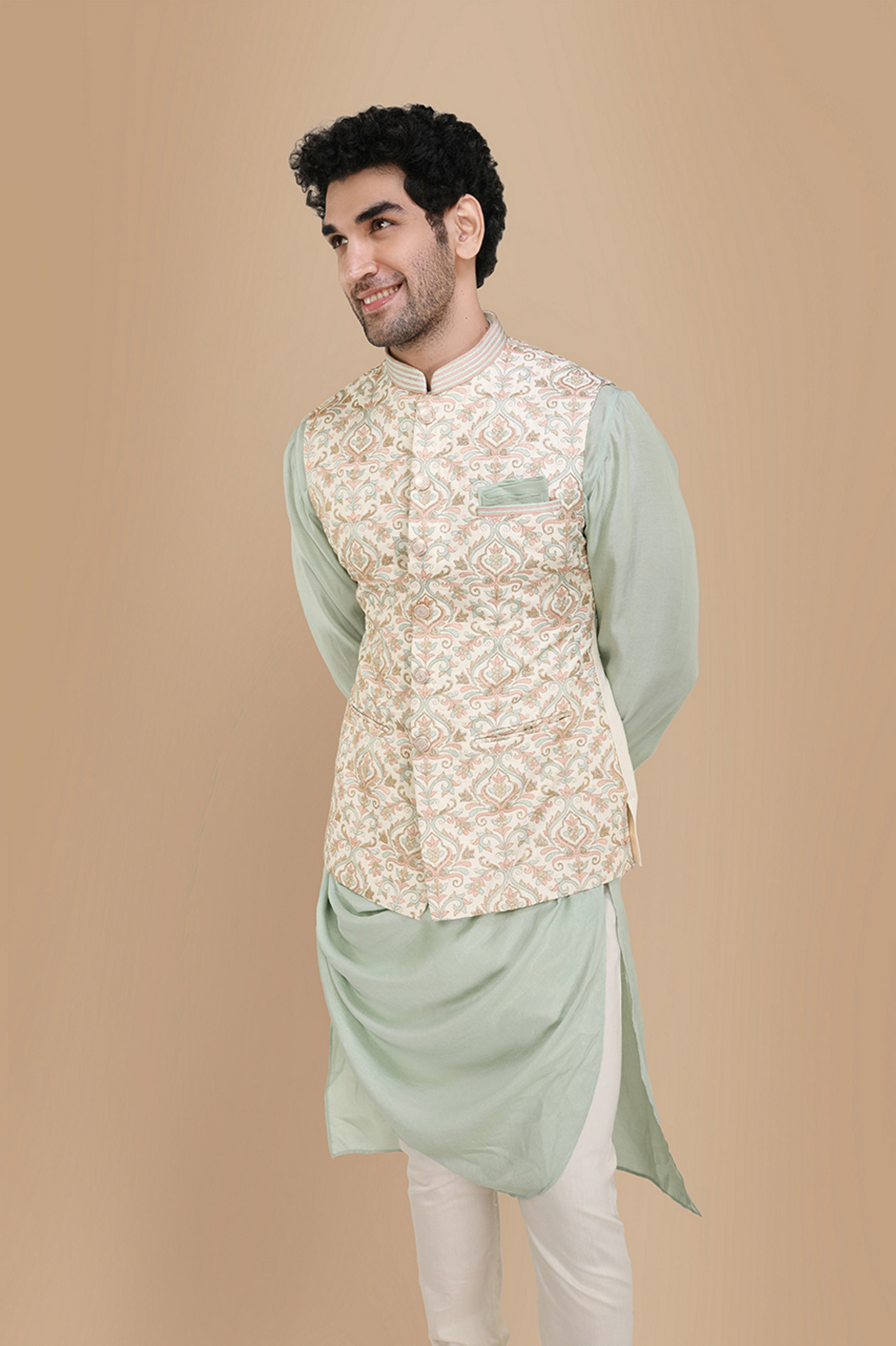 Manyavar Men Lavish Cream Kurta Jacket Set