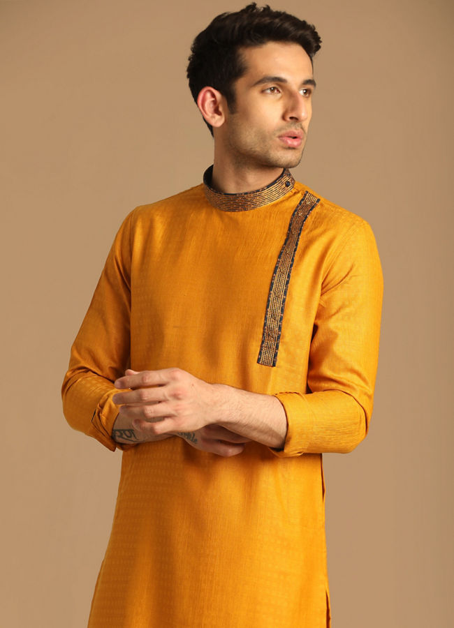 Manyavar Men Mustard Yellow Kurta With Neck Detailing