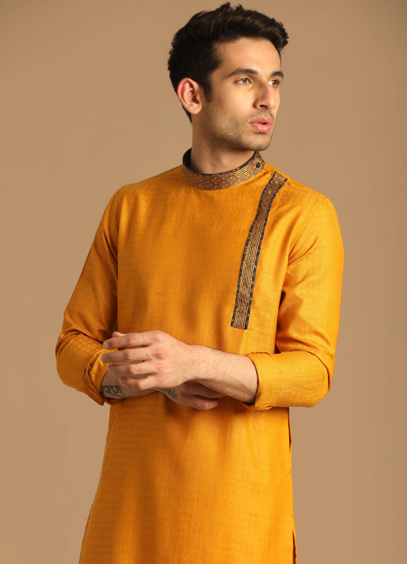 Manyavar Men Mustard Yellow Kurta With Neck Detailing