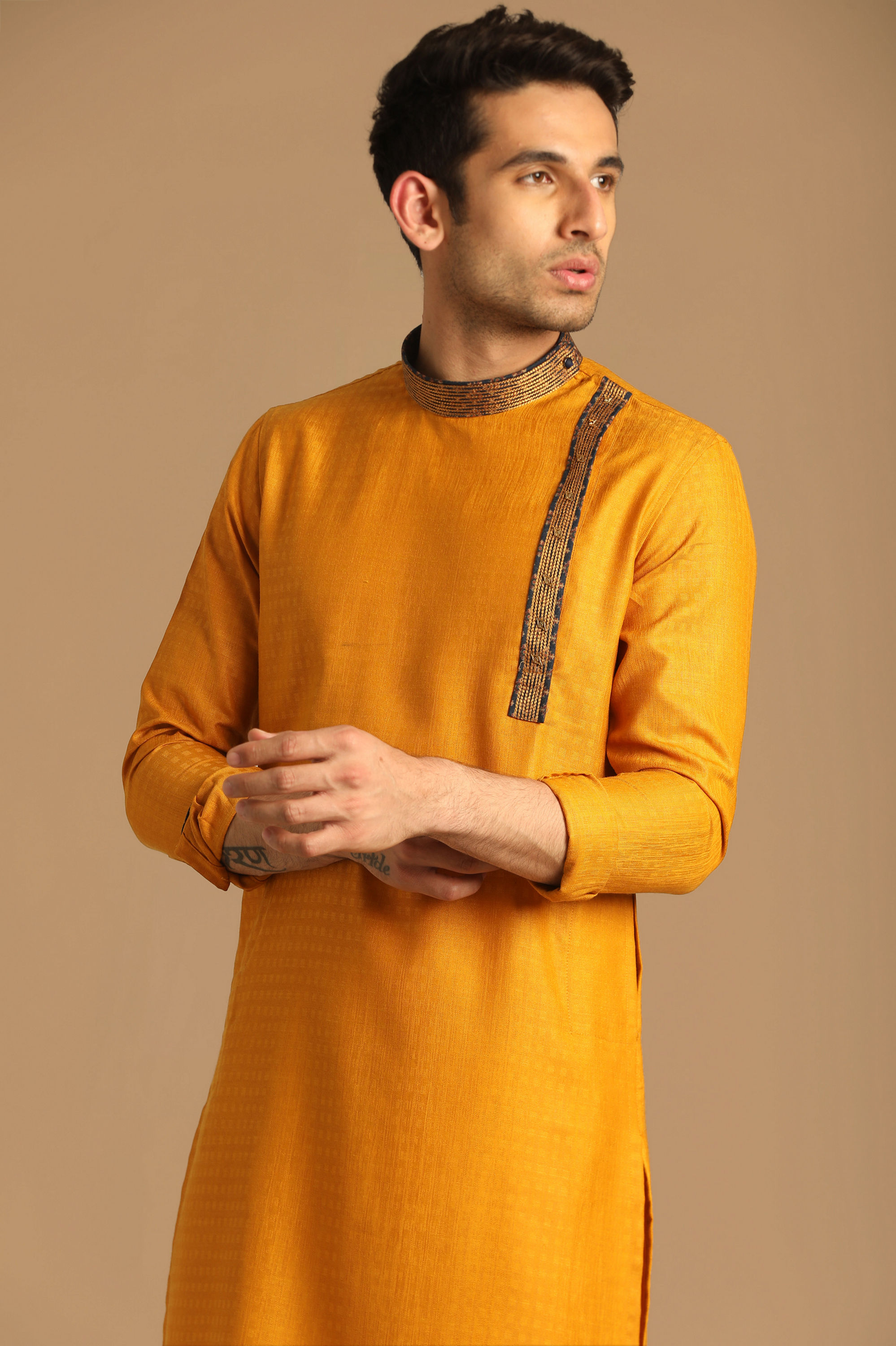 Manyavar Men Mustard Yellow Kurta With Neck Detailing