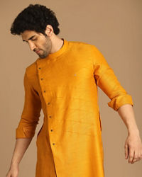 Manyavar Men Mustard Yellow Side Open Asymmetric Kurta