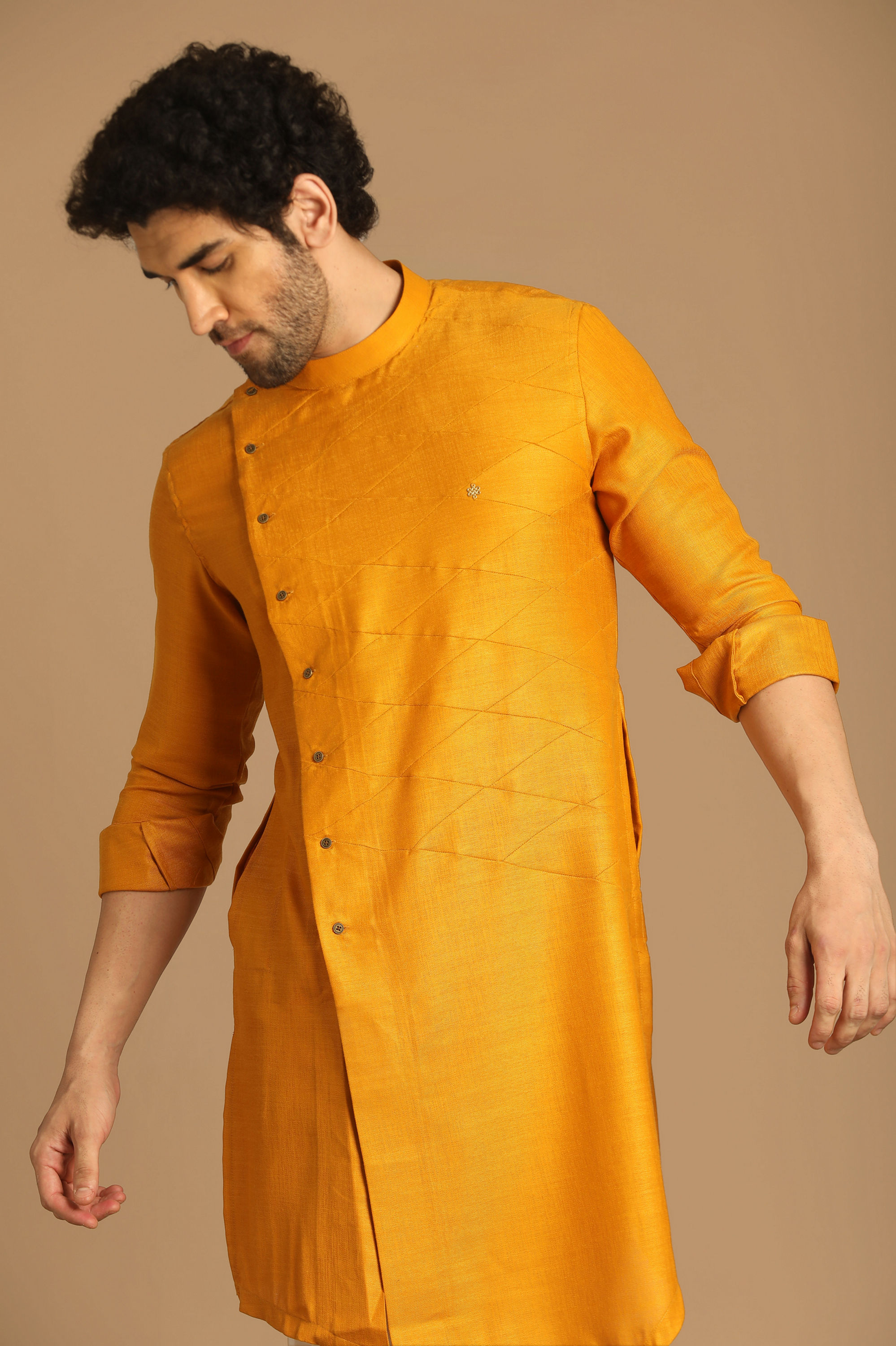 Manyavar Men Mustard Yellow Side Open Asymmetric Kurta