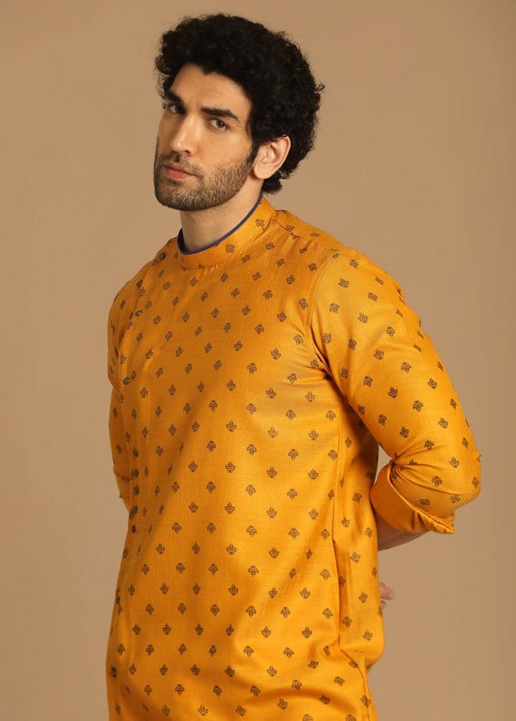 Manyavar Men Boota Work Light Orange Kurta