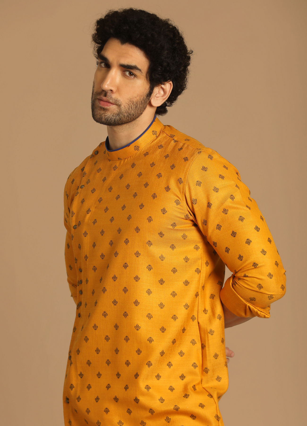 Manyavar Men Boota Work Light Orange Kurta