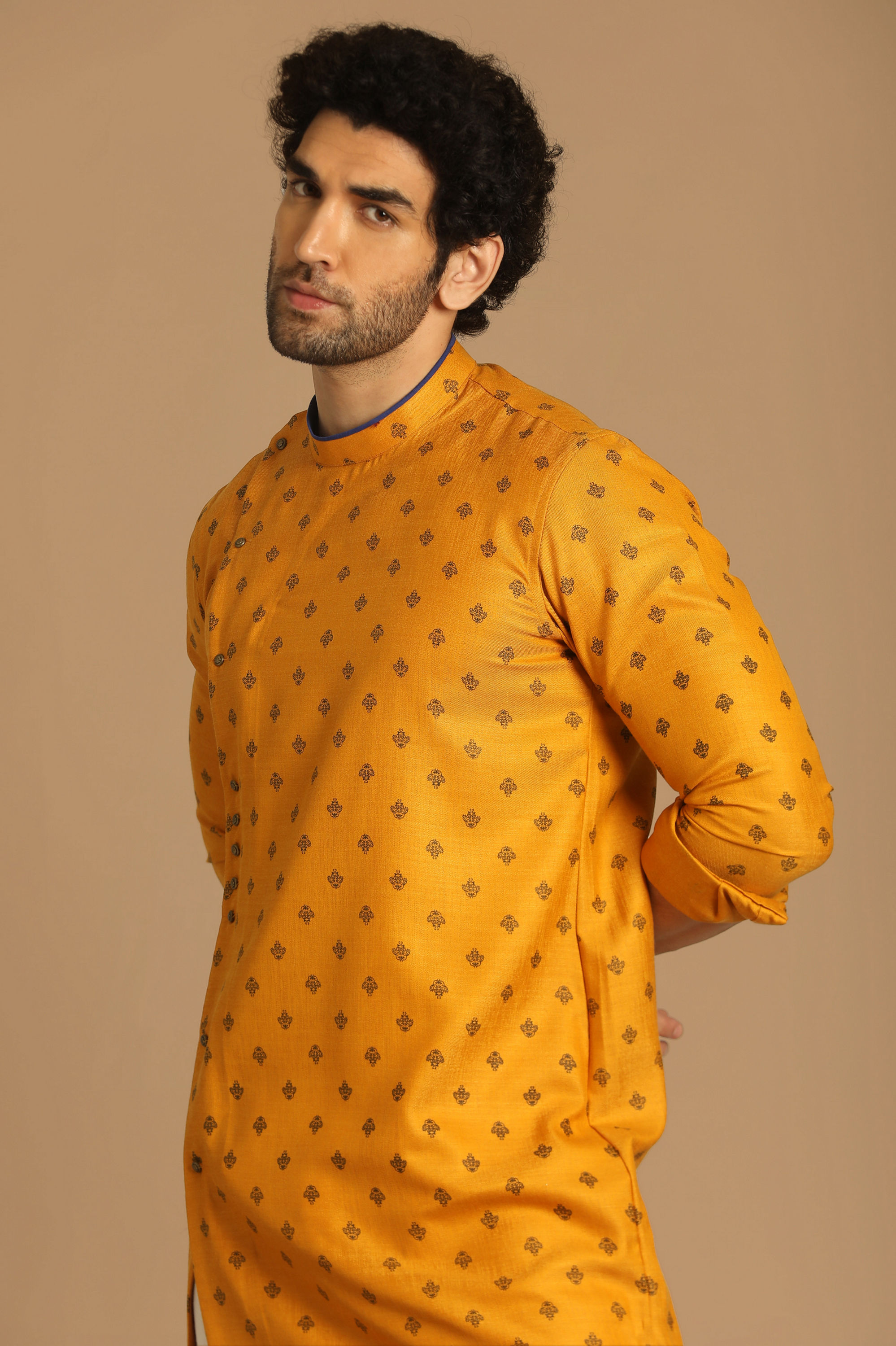 Manyavar Men Boota Work Light Orange Kurta