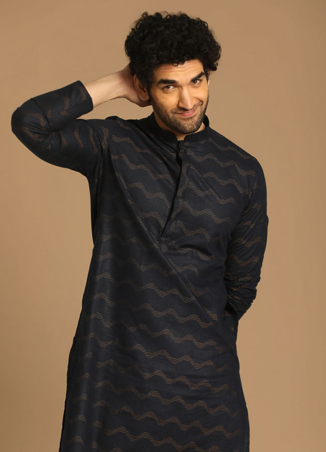 Dark Blue Wave Print Kurta image number 0