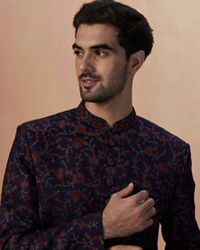 Manyavar Men Dark Blue Self Weaved Bandhgala Indo Western