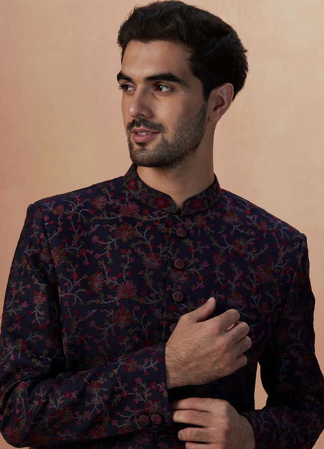 Manyavar Men Dark Blue Self Weaved Bandhgala Indo Western