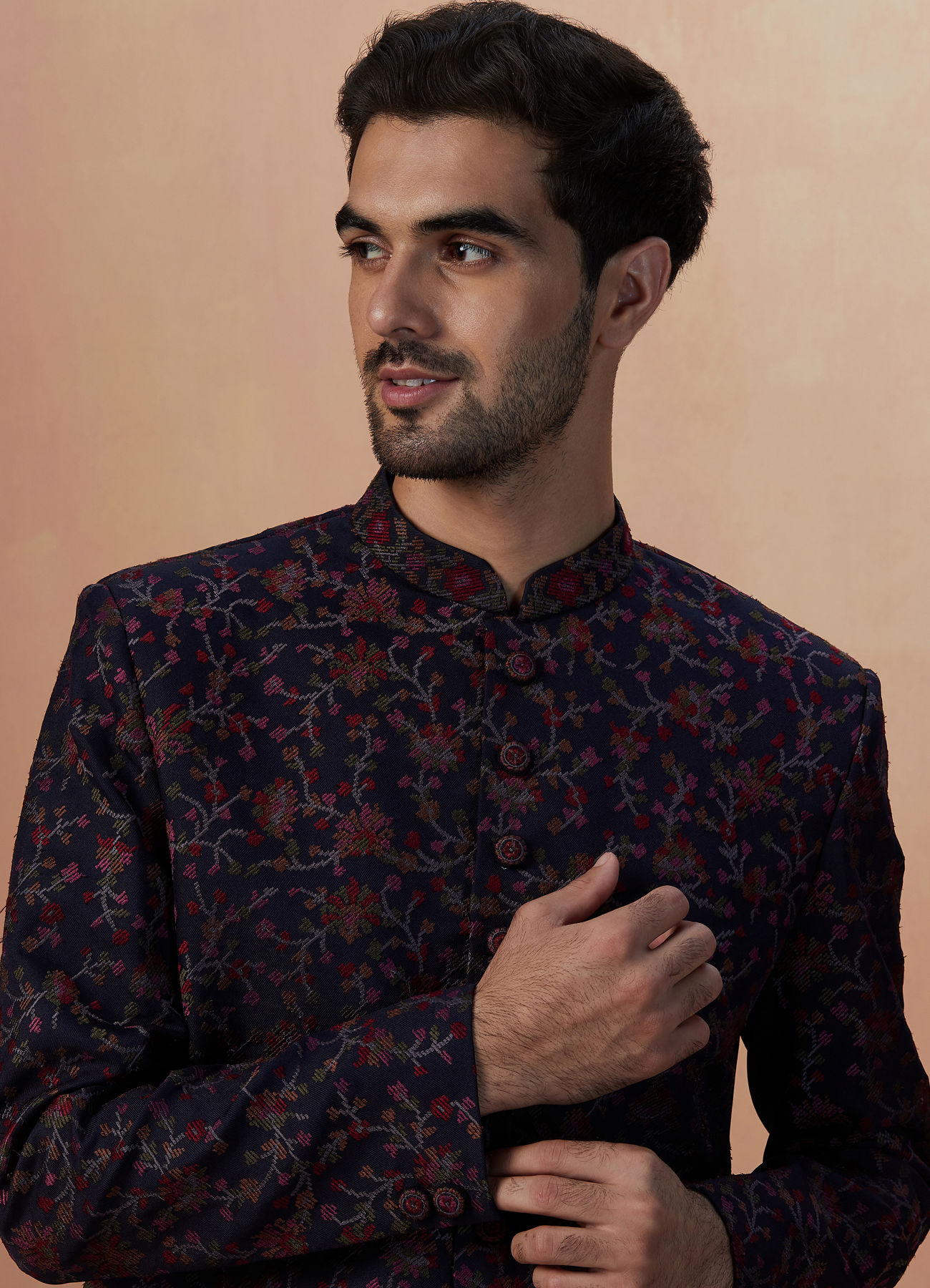 Manyavar Men Dark Blue Self Weaved Bandhgala Indo Western