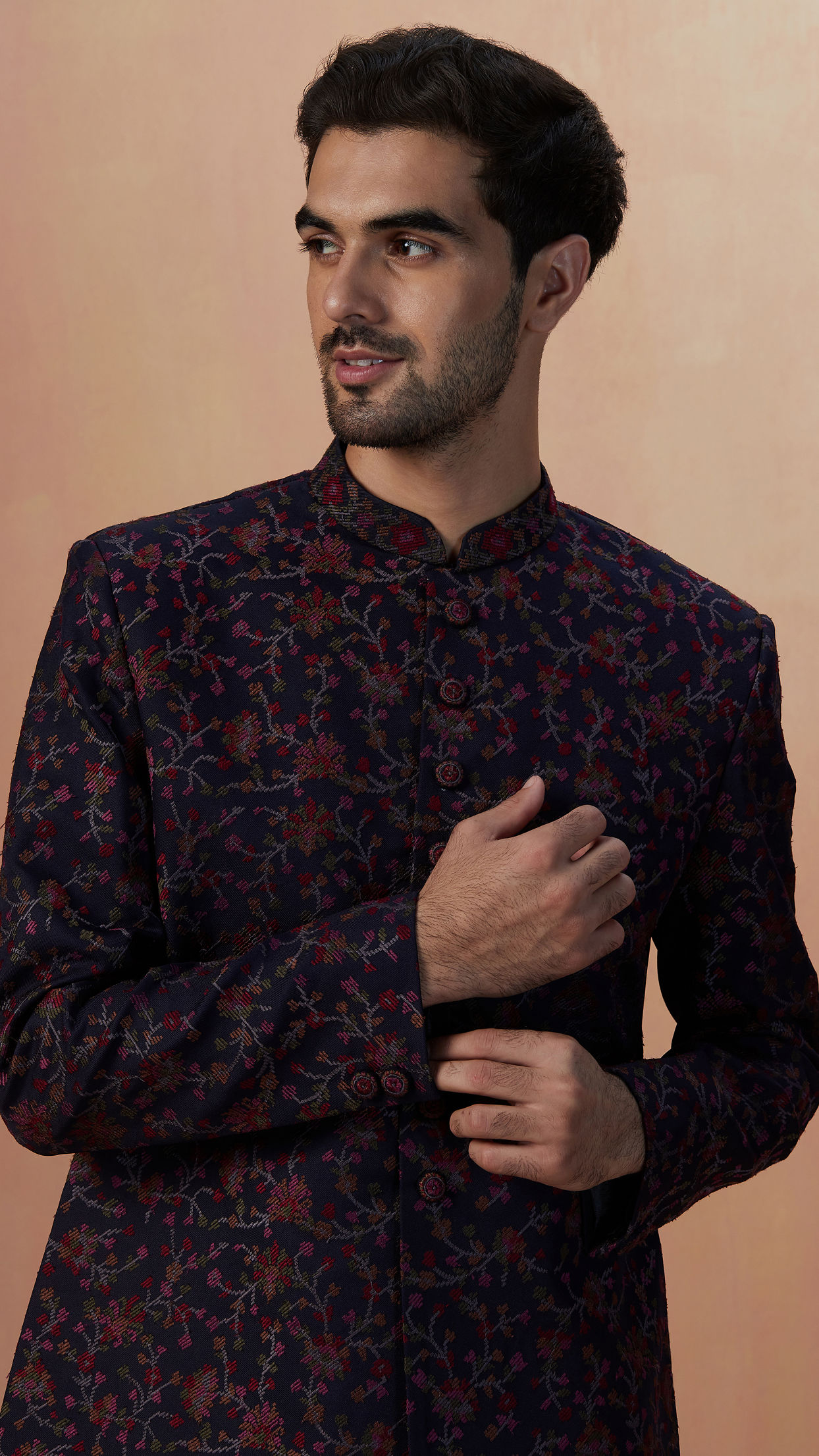 alt message - Manyavar Men Dark Blue Self Weaved Bandhgala Indo Western image number 0