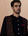 Manyavar Men Blue Rayon Self Texture Embroidered Sherwani