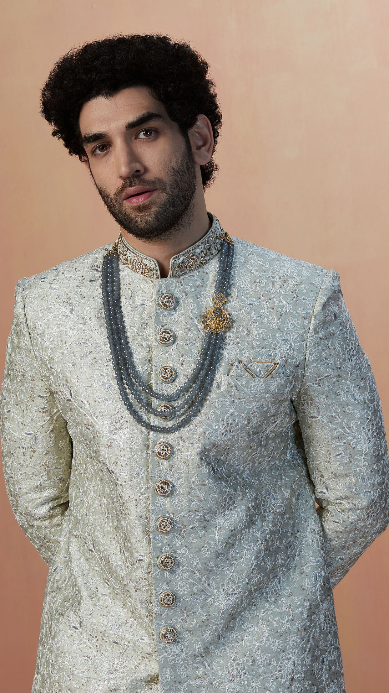 alt message - Manyavar Men Smoke Grey Self Embroidered Sherwani With Dupatta image number 0