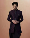 Manyavar Men Dark Blue And Maroon Self Design Draped Indo Western
