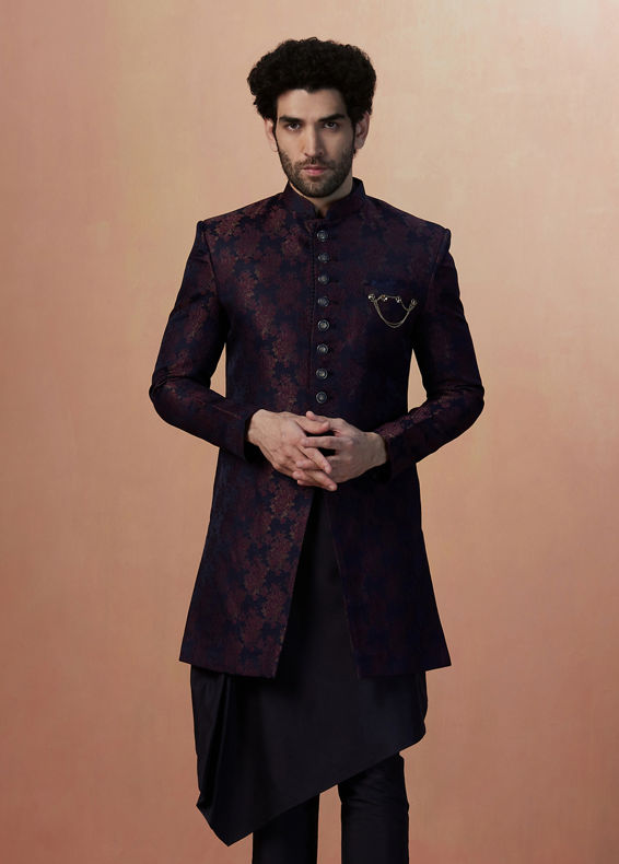 Manyavar Men Dark Blue And Maroon Self Design Draped Indo Western