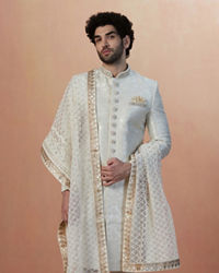 Manyavar Men Light Cream Self Design Sherwani