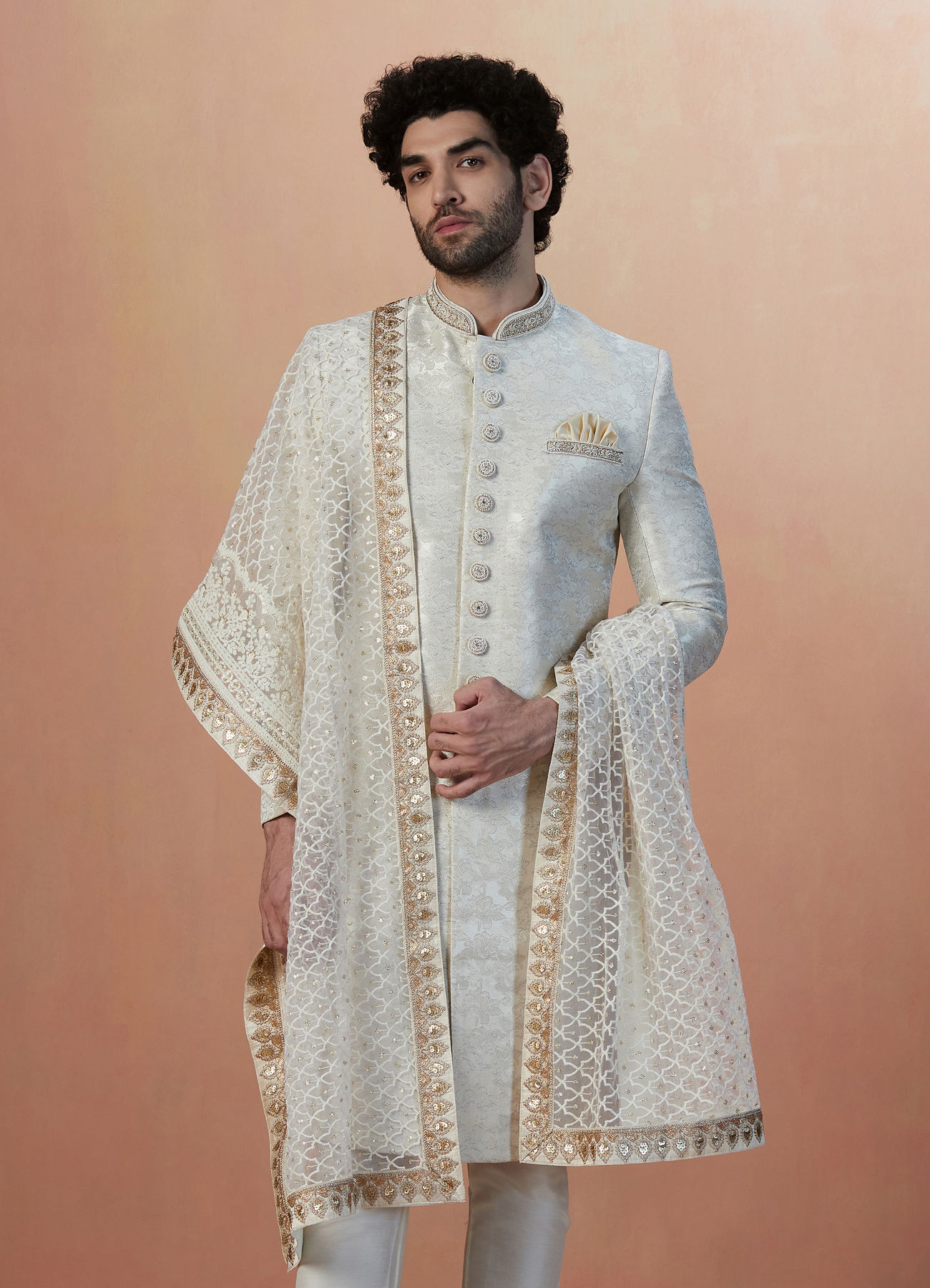 Manyavar Men Light Cream Self Design Sherwani