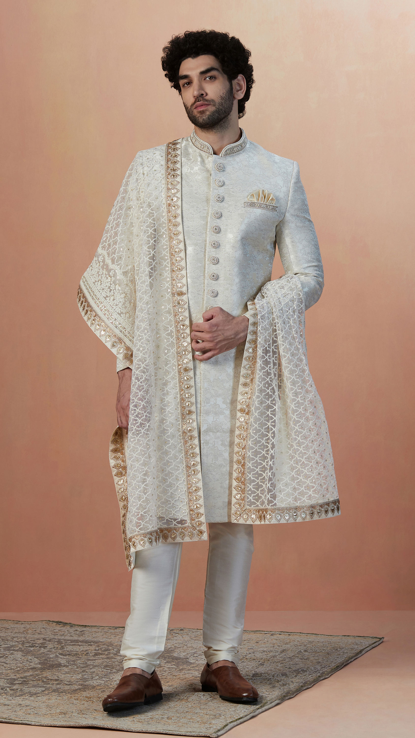 Manyavar Men Light Cream Self Design Sherwani