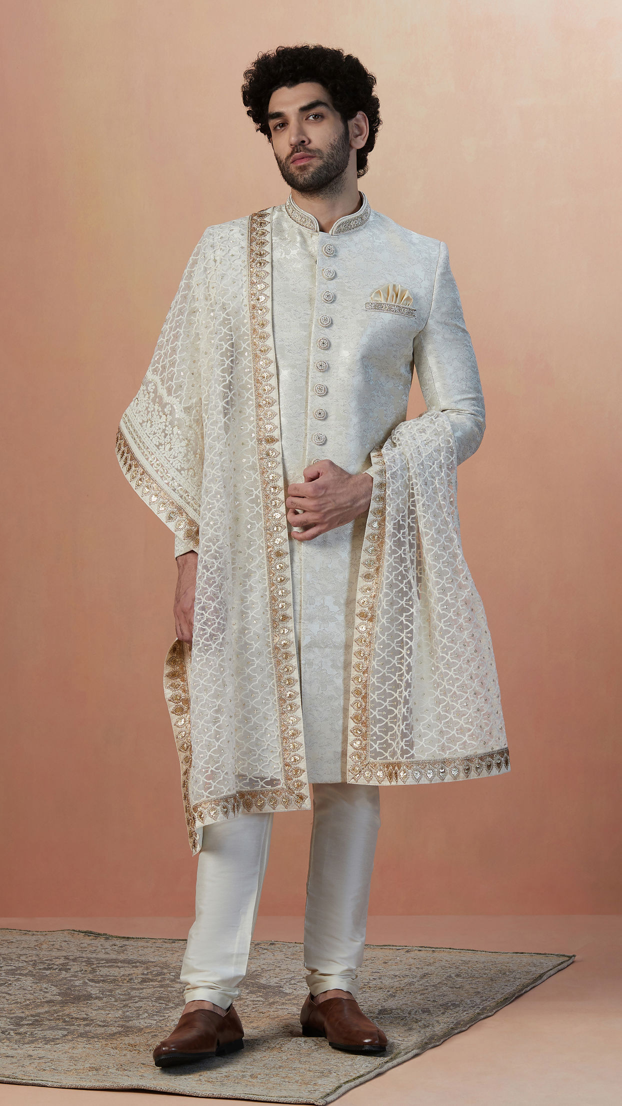 alt message - Manyavar Men Light Cream Self Design Sherwani image number 1