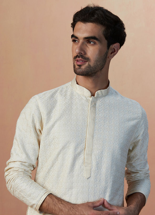 alt message - Manyavar Men Sesame White Self Embroidered Kurta Pajama image number 0