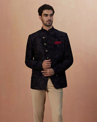 Manyavar Men Dark Blue Self Design Bandhgala Indo Western