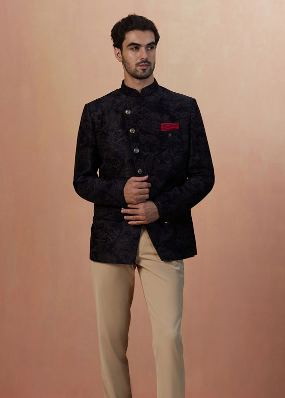 Manyavar Men Dark Blue Self Design Bandhgala Indo Western