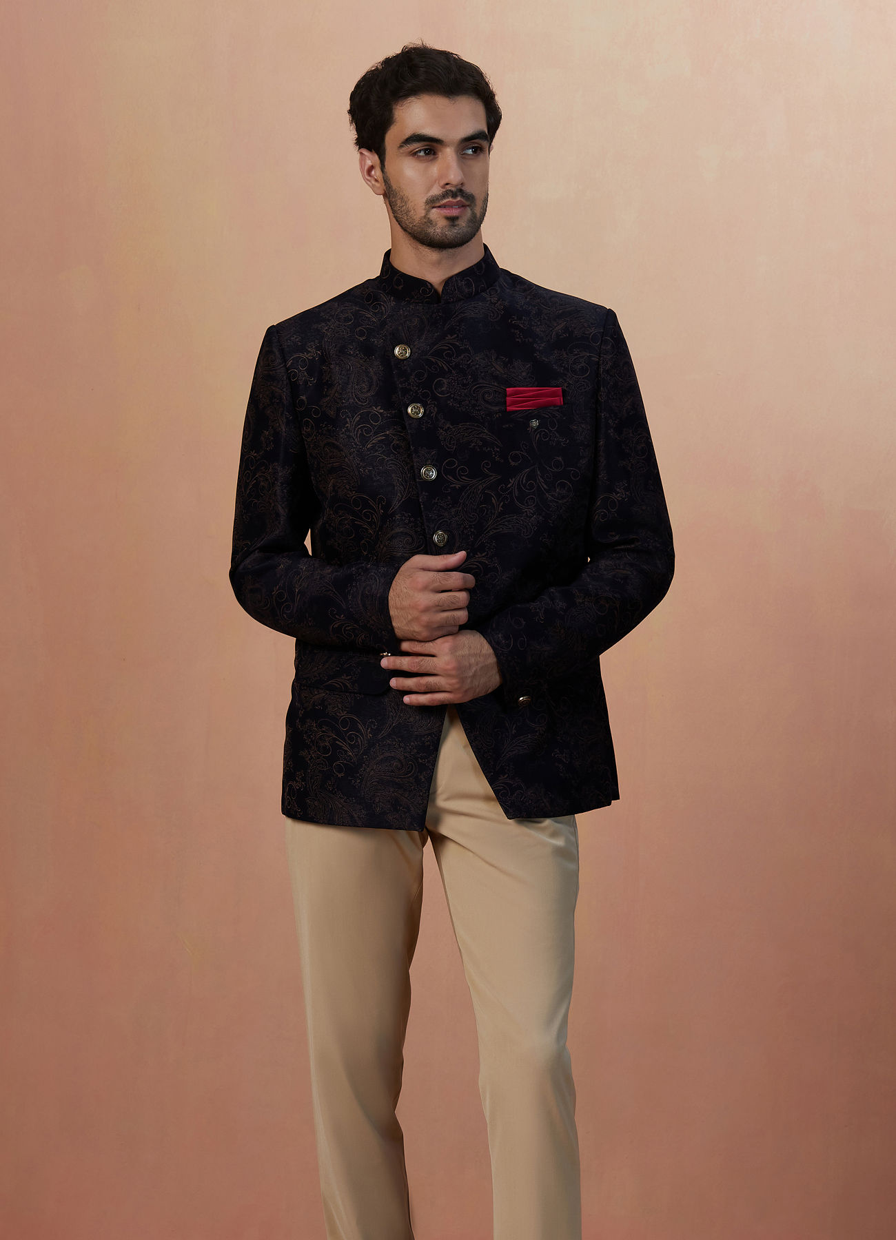 Manyavar Men Dark Blue Self Design Bandhgala Indo Western