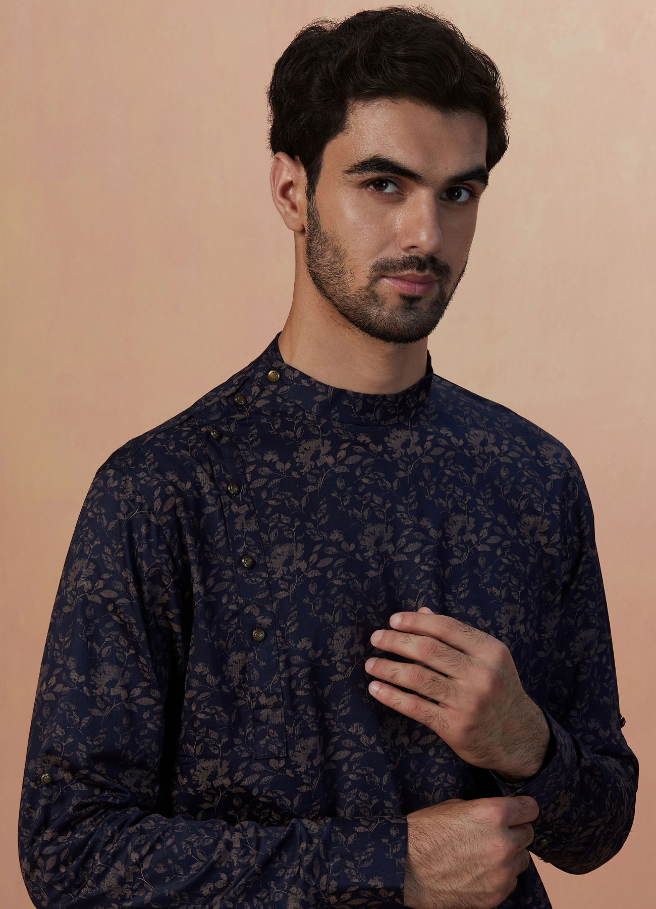 Manyavar Men Dark Navy Blue Floral Print Short Kurta