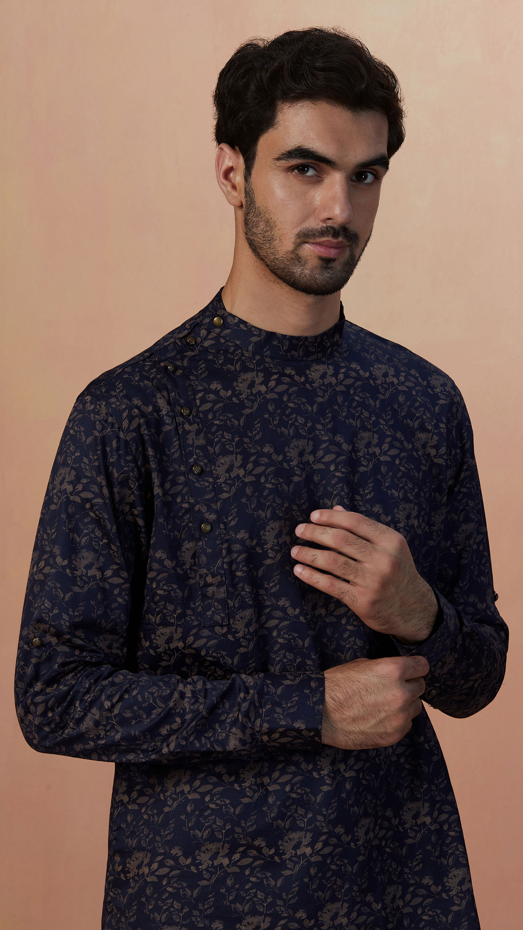 Manyavar Men Dark Navy Blue Floral Print Short Kurta