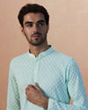 alt message - Manyavar Men Aqua Green Chikankari Kurta Pajama image number 0