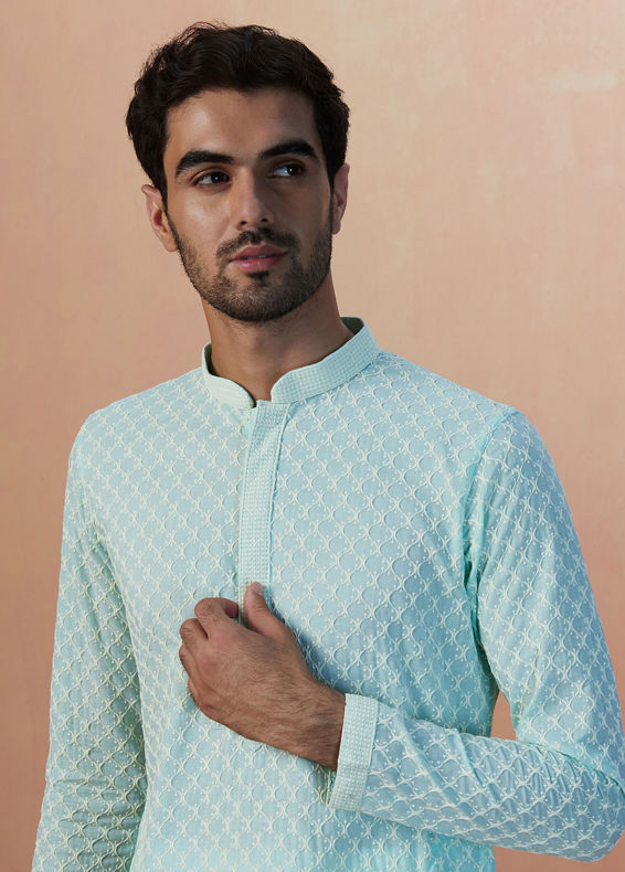 Manyavar Men Aqua Green Chikankari Kurta Pajama