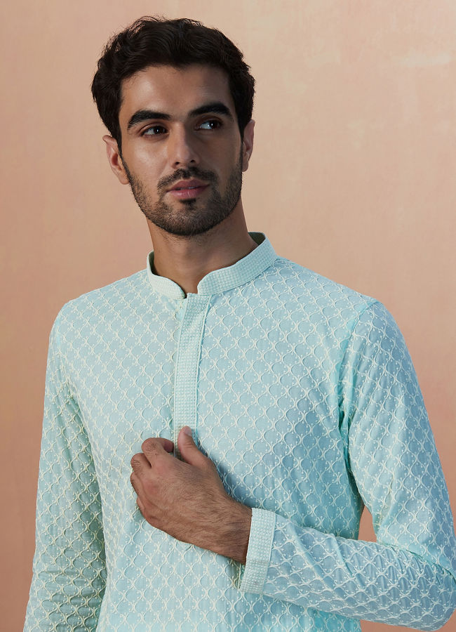 alt message - Manyavar Men Aqua Green Chikankari Kurta Pajama image number 0