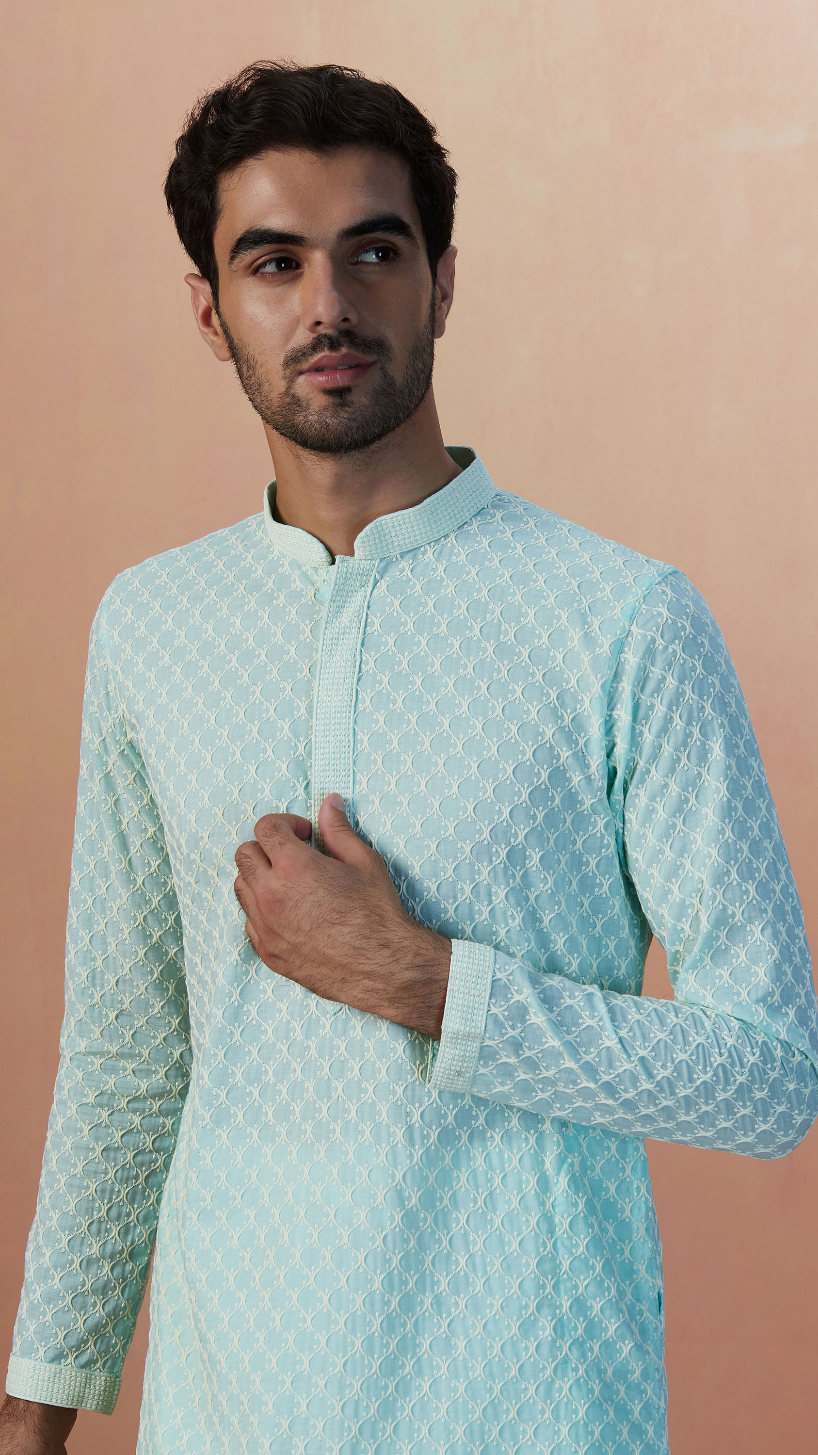 Manyavar Men Aqua Green Chikankari Kurta Pajama