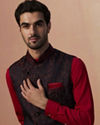 alt message - Manyavar Men Black Paisley Jacket With Red Draped Kurta Set image number 0