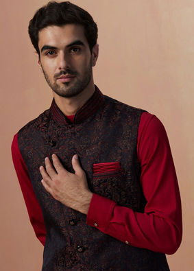 alt message - Manyavar Men Black Paisley Jacket With Red Draped Kurta Set image number 0