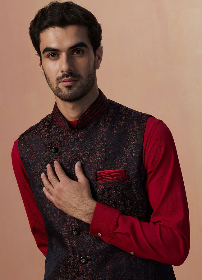 alt message - Manyavar Men Black Paisley Jacket With Red Draped Kurta Set image number 0