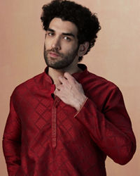 Manyavar Men Merlot Red Jacquard Kurta Pajama