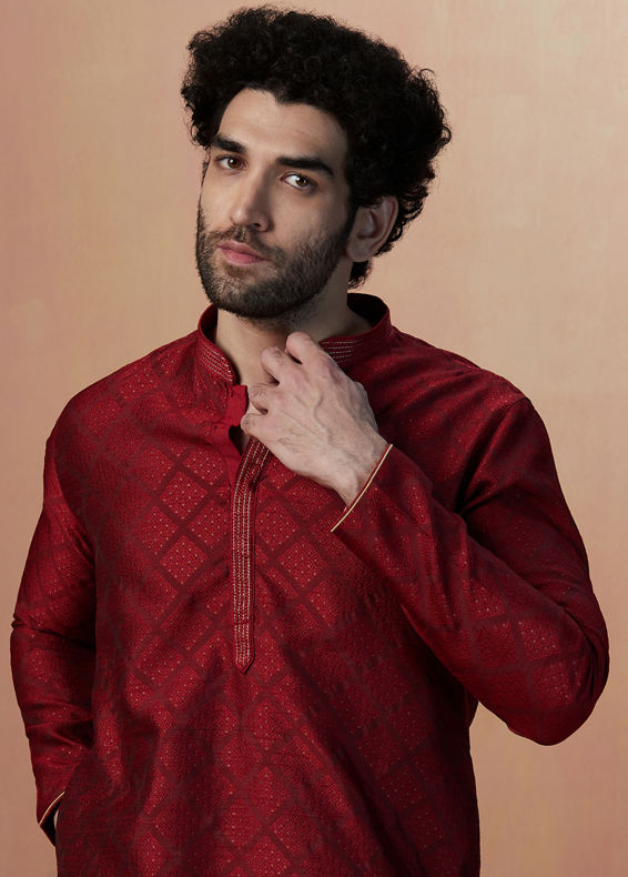 Manyavar Men Merlot Red Jacquard Kurta Pajama