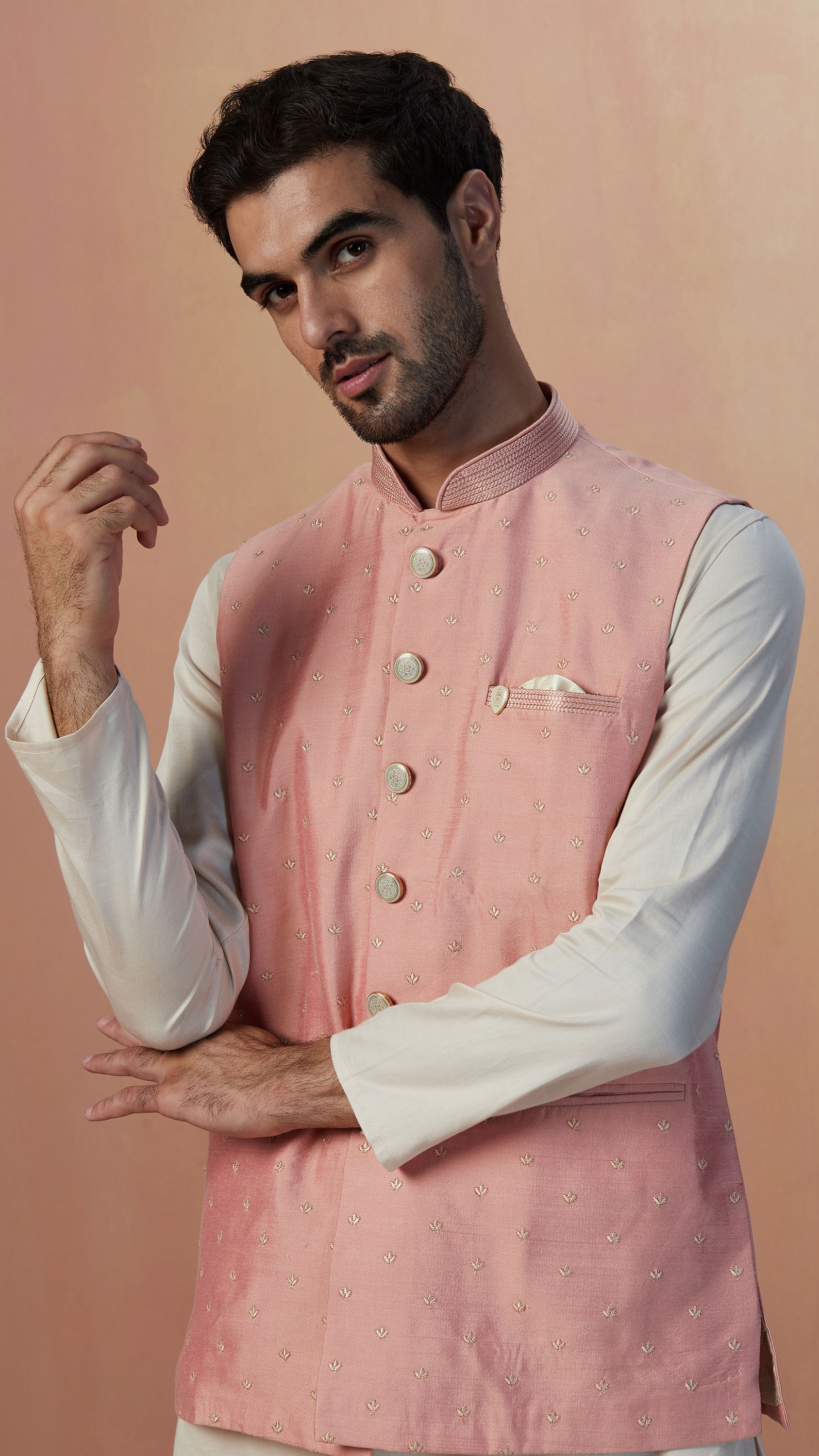 Manyavar Men Pink Self Embroidered Jacket