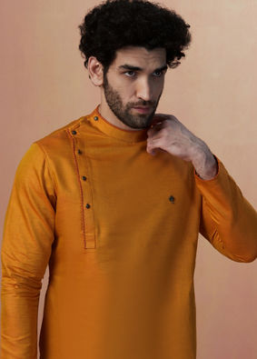 alt message - Manyavar Men Mustard Yellow Side Open Kurta image number 0