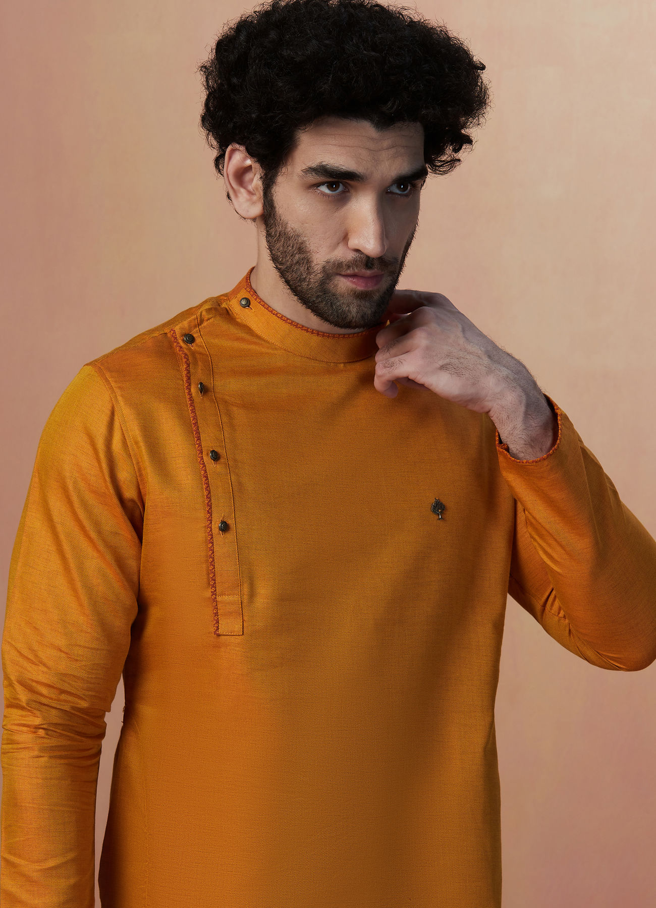 Manyavar Men Mustard Yellow Side Open Kurta