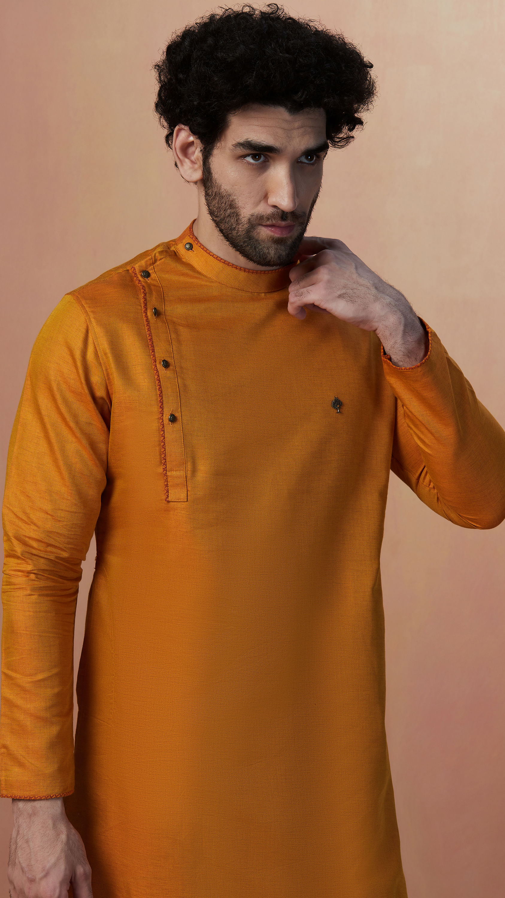 Manyavar Men Mustard Yellow Side Open Kurta