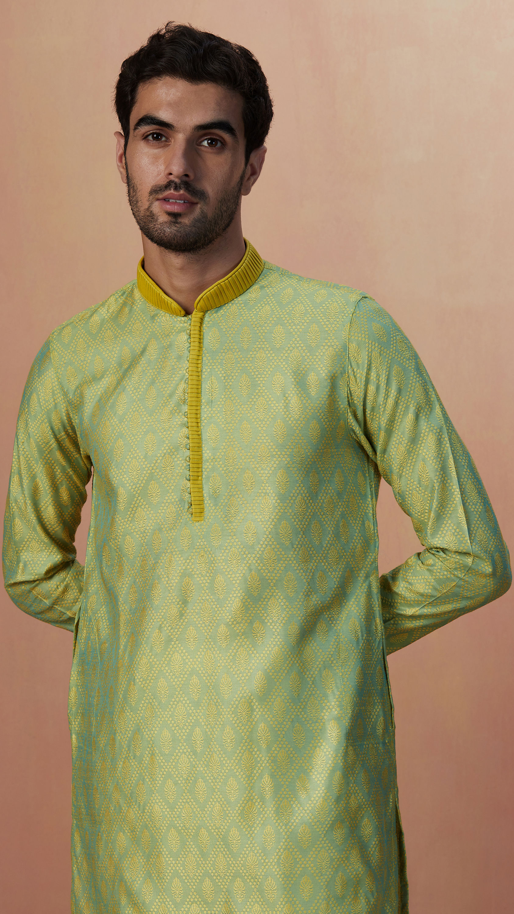 Manyavar Men Pastel Green Jacquard Kurta Pajama