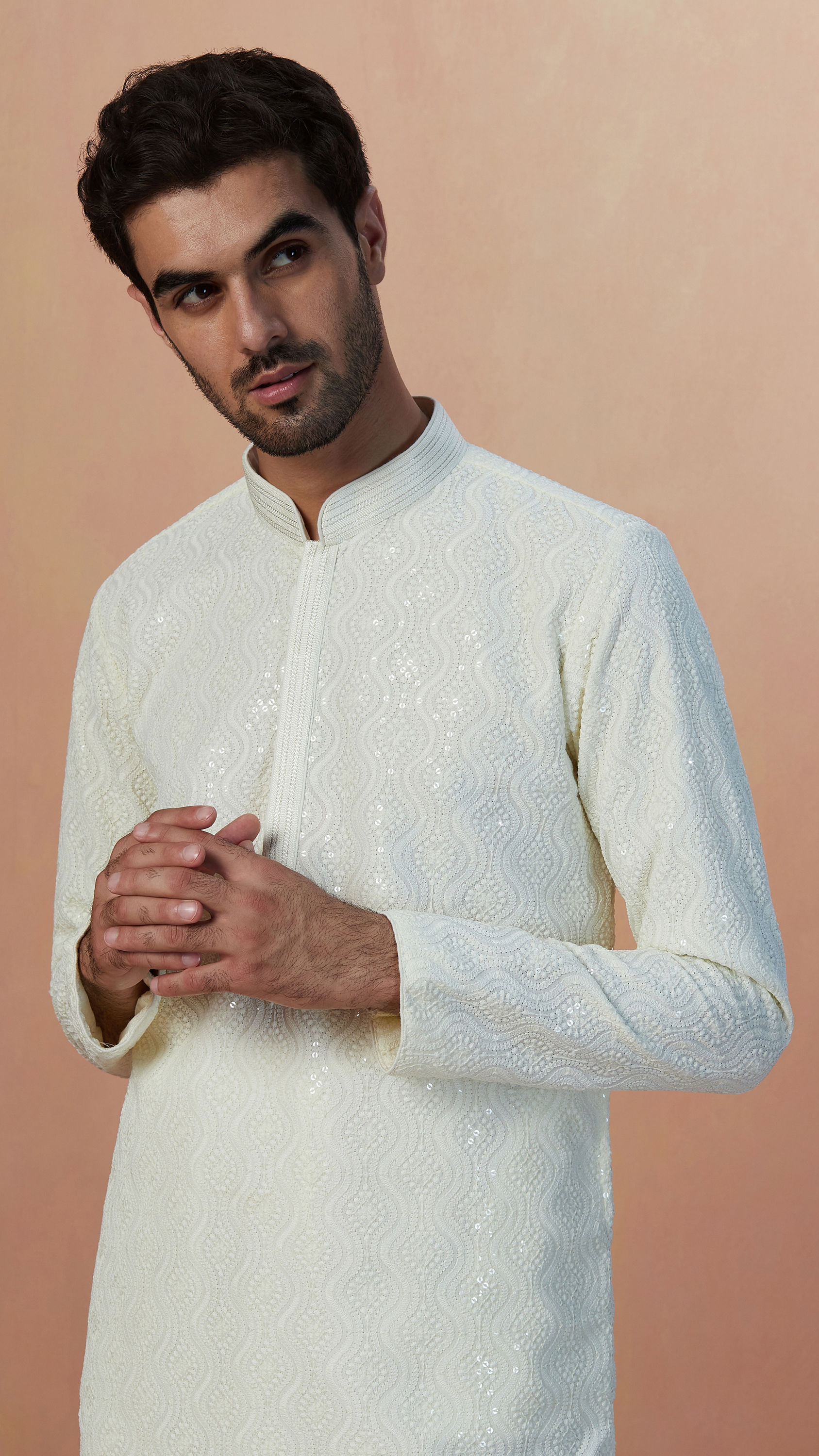 Manyavar Men Seashell White Chikankari Kurta Pajama