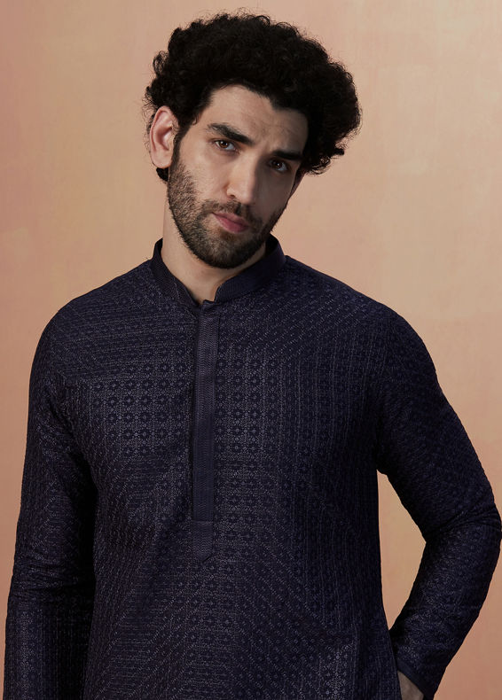 Manyavar Men Royal Blue Self Embroidered Kurta Pajama