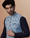 alt message - Manyavar Men Blue Printed Jacket image number 0