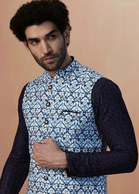 Manyavar Men Blue Printed Jacket image number 0