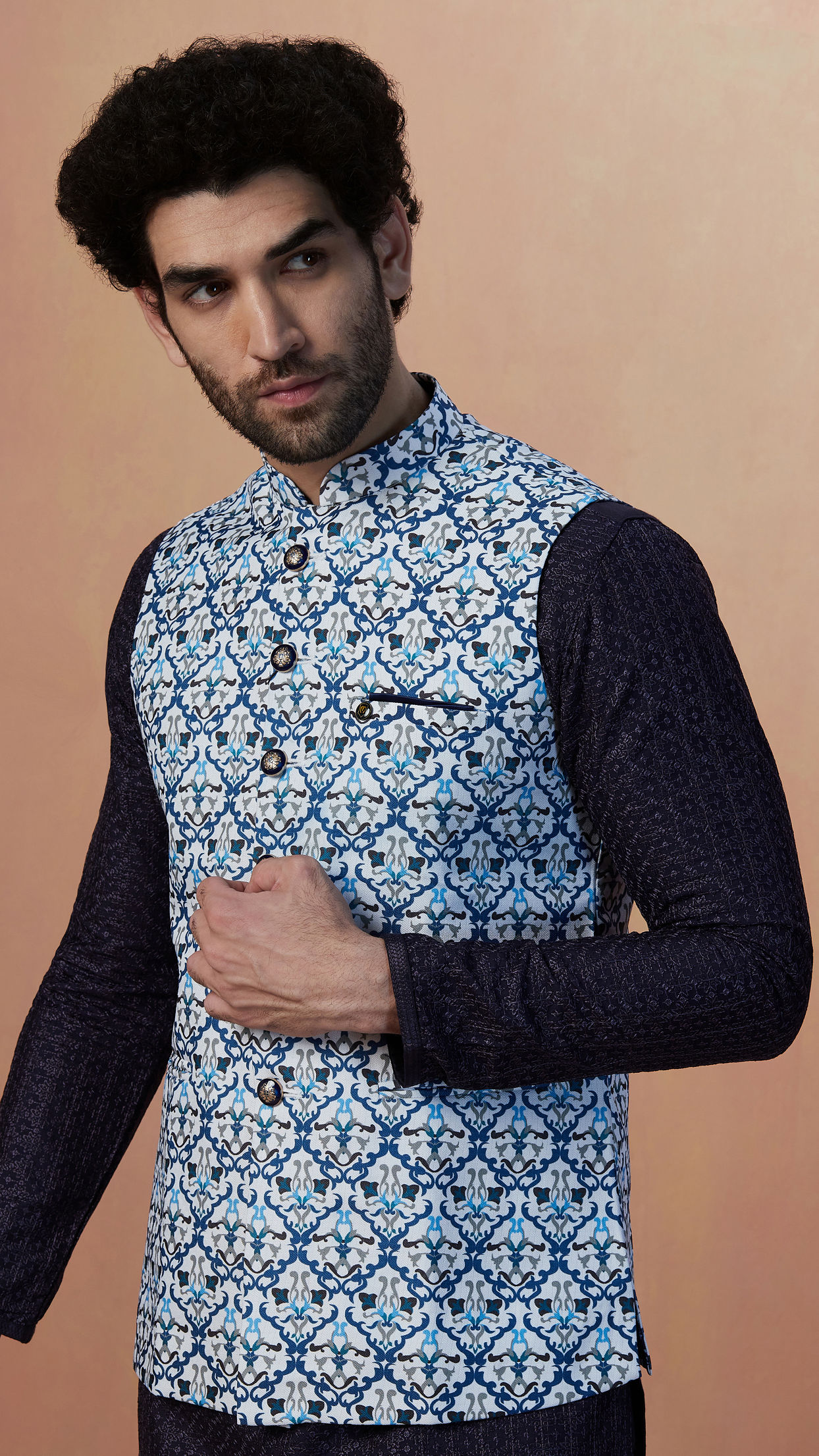 alt message - Manyavar Men Blue Printed Jacket image number 0