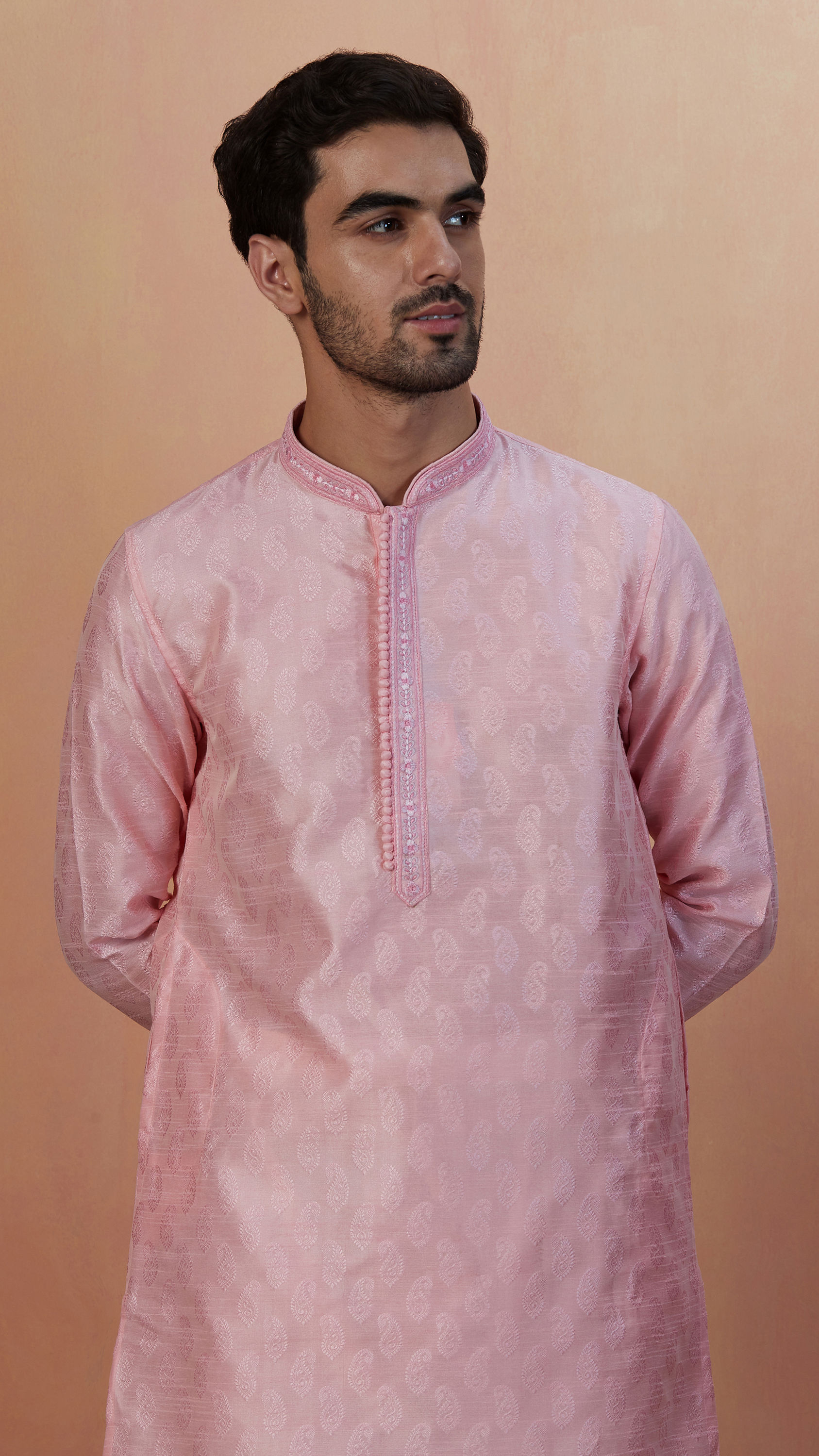 Manyavar Men Pink Paisley Self Design Kurta Pajama