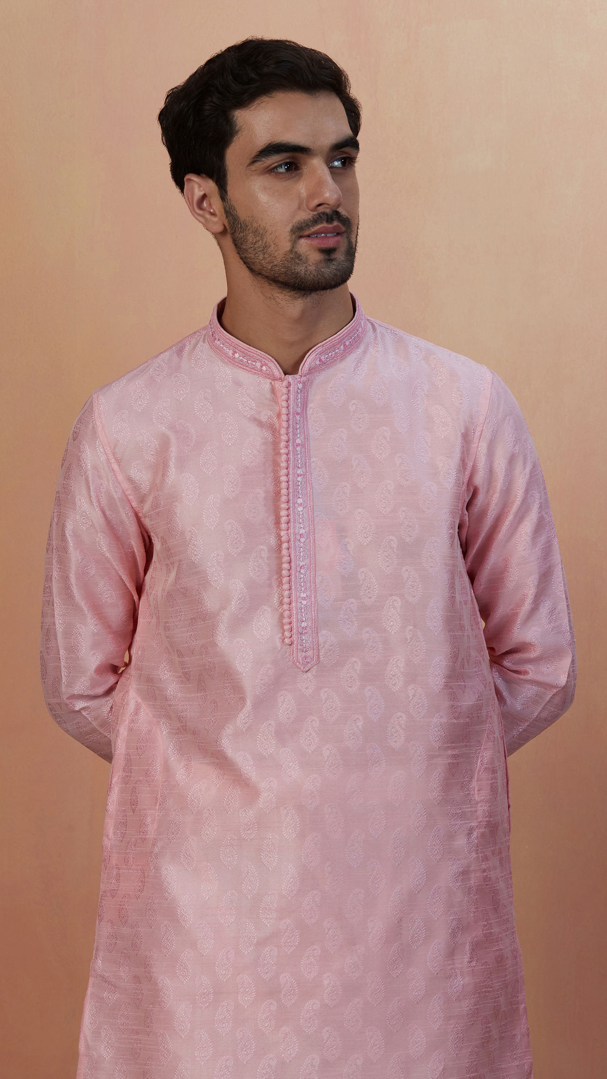 alt message - Manyavar Men Pink Paisley Self Design Kurta Pajama image number 0